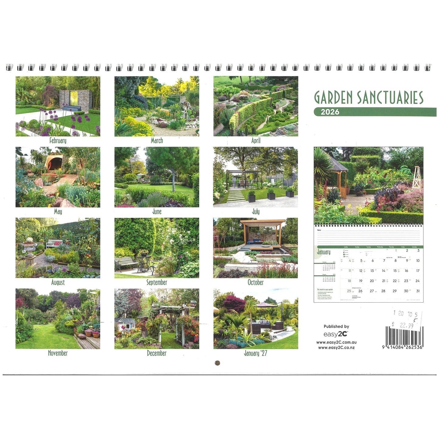 2026 Wall Calendar New Zealand Garden Sanctuaries