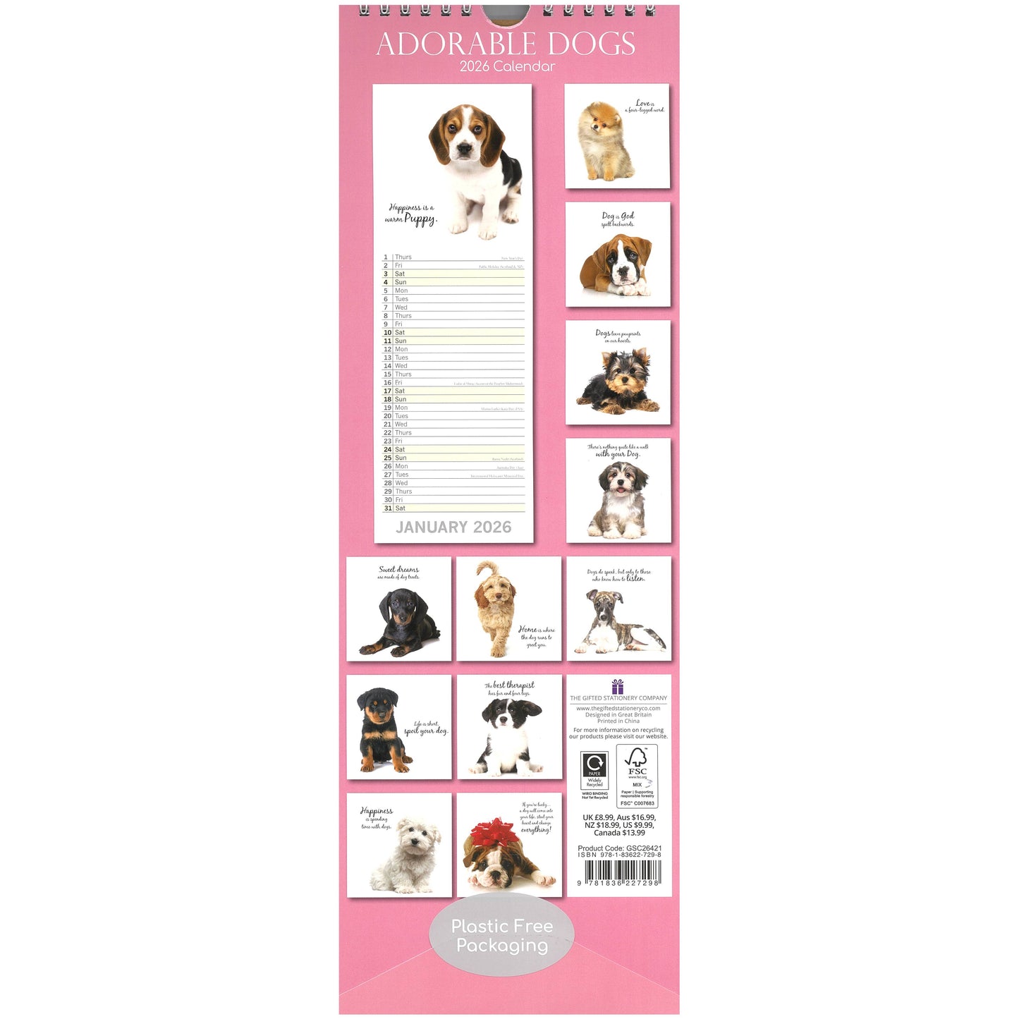 2026 Wall Slim Calendar Adorable Dogs