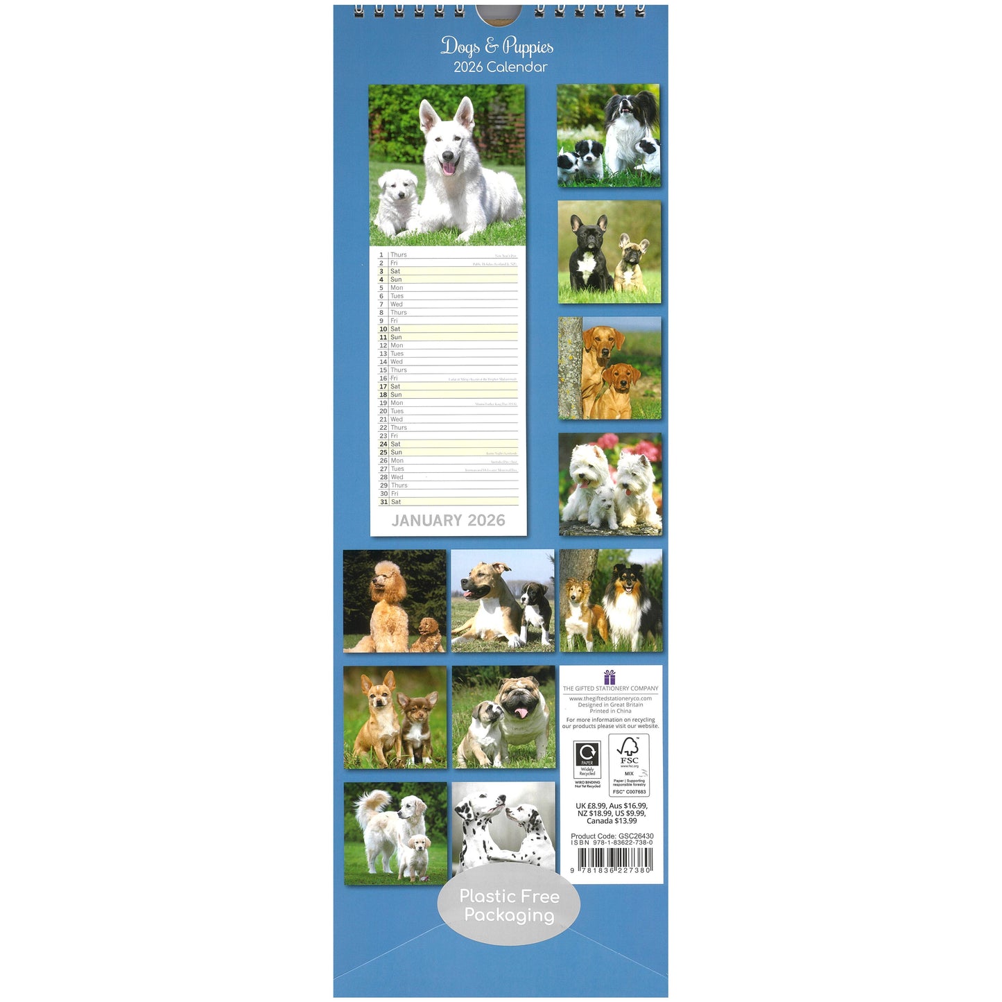 2026 Wall Slim Calendar Dogs & Puppies