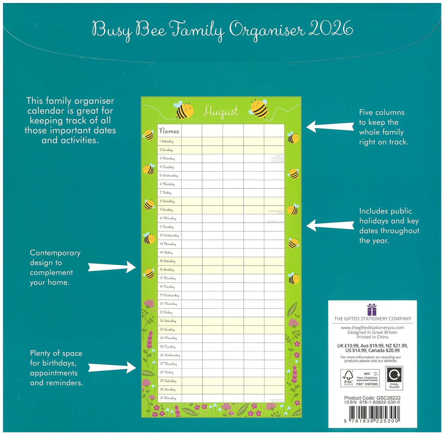 2026 Wall Calendar - Busy Bee Family Organiser