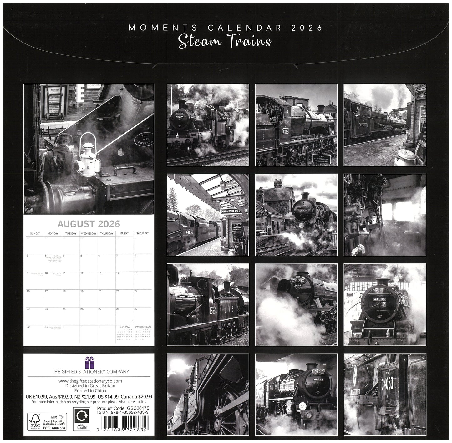 2026 Wall Calendar - Steam Trains B&W