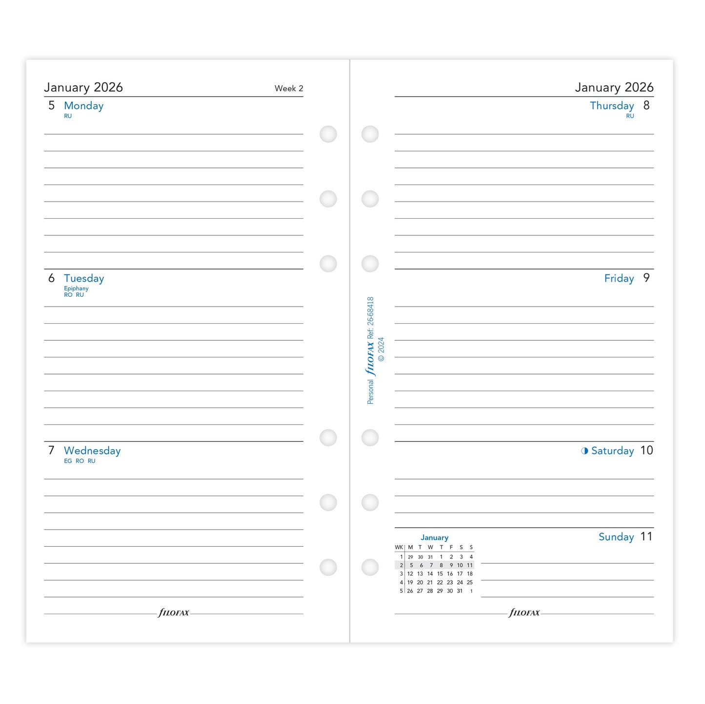 Filofax 2026 6 Ring Personal Weekly Dated Refill