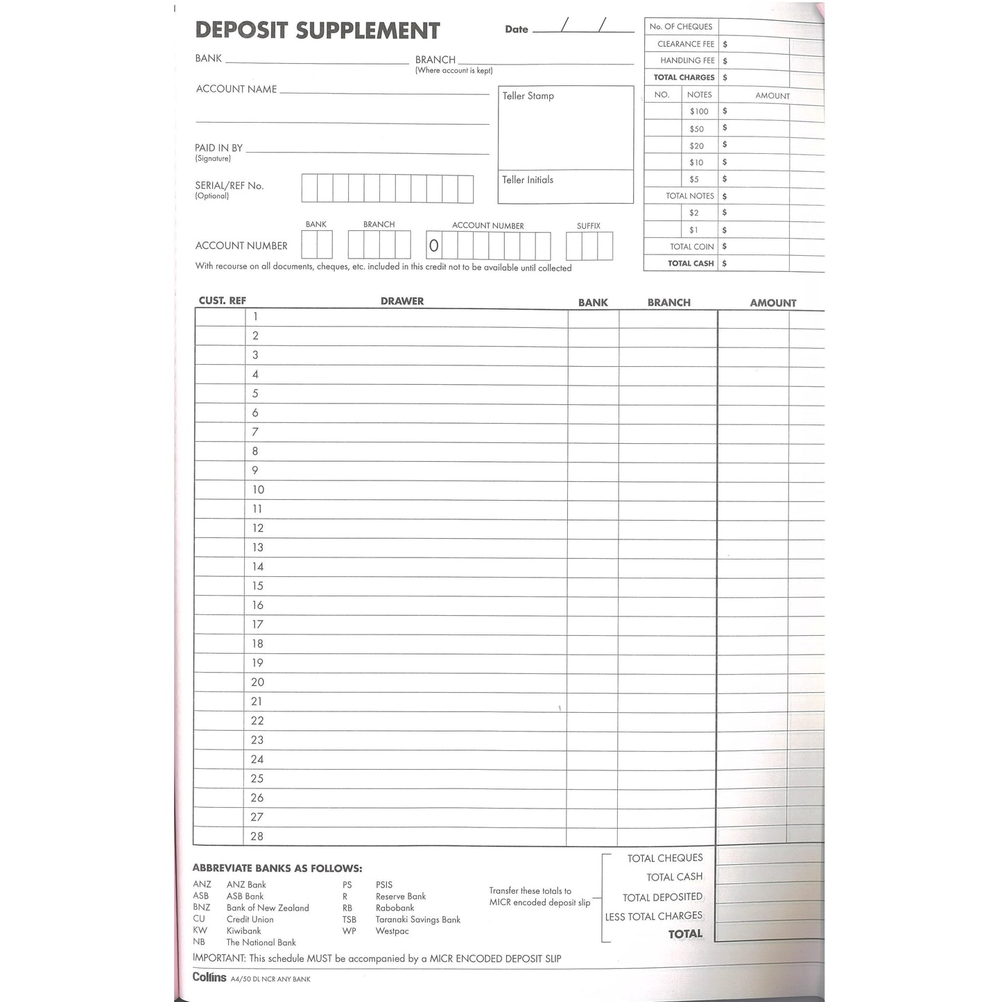Collins A4/50 DL Any Bank Deposit Book 50 Duplicate Forms No Carbon Required