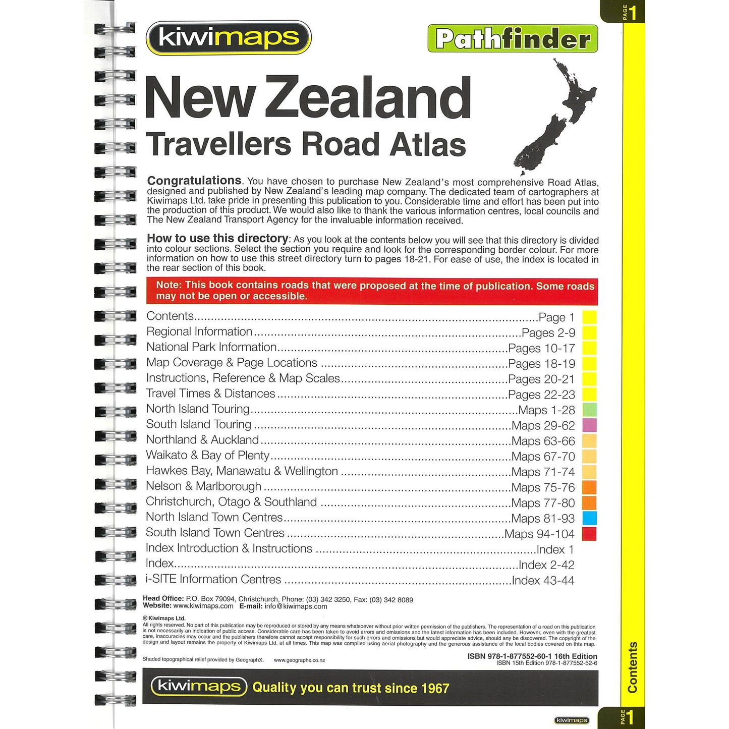 Kiwimaps Pathfinder NZ Travellers Road Atlas Map Spiral Bound Edition 16