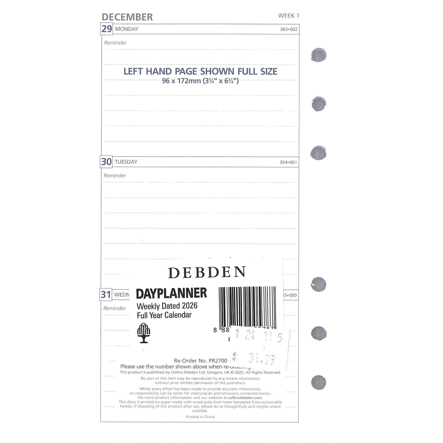 Debden 2026 6 Ring Personal Weekly Dated Refill