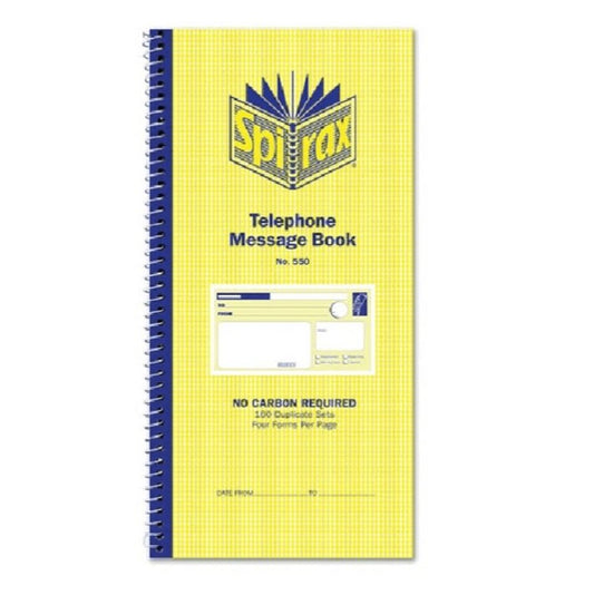 Spirax 550 Telephone Message Book Carbonless 160 Page 279x144mm