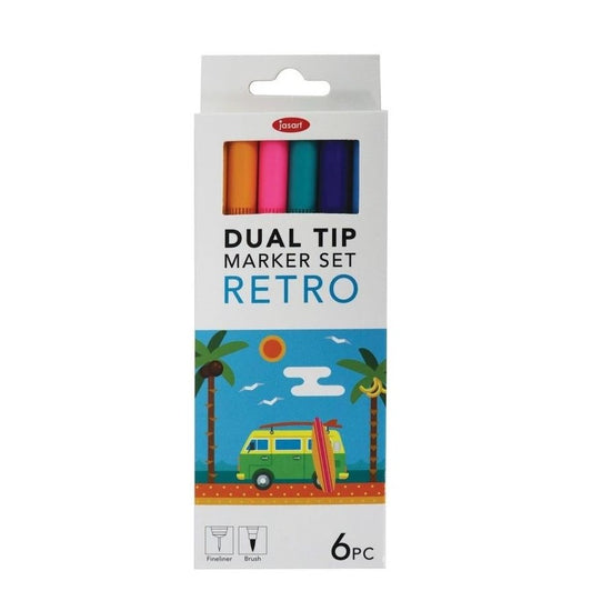 Jasart: Dual Nib Brush Fineliner - Retro (Set of 6)
