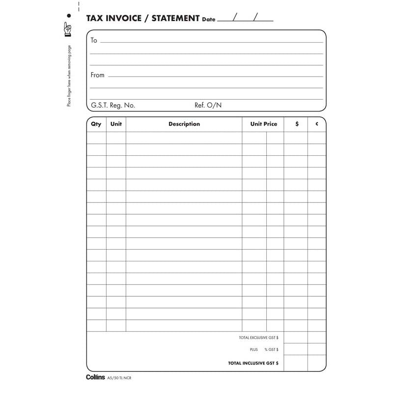 Collins Tax Invoice A5/50TL No Carbon Required