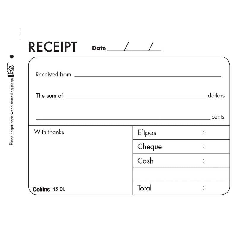 Collins Cash Receipt 45DL Duplicate No Carbon Required