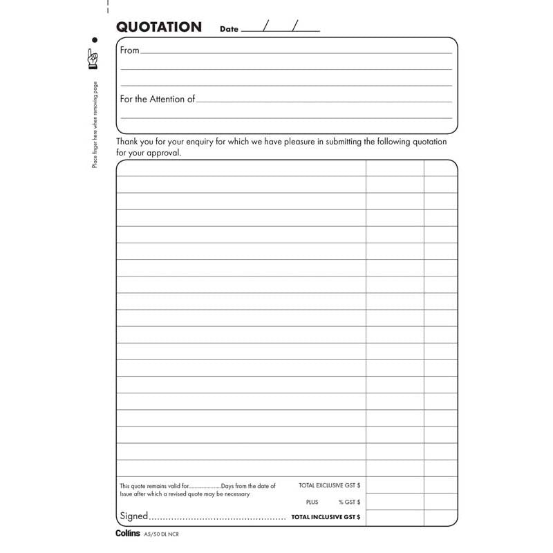 Collins Quotation A5/50DL Duplicate No Carbon Required