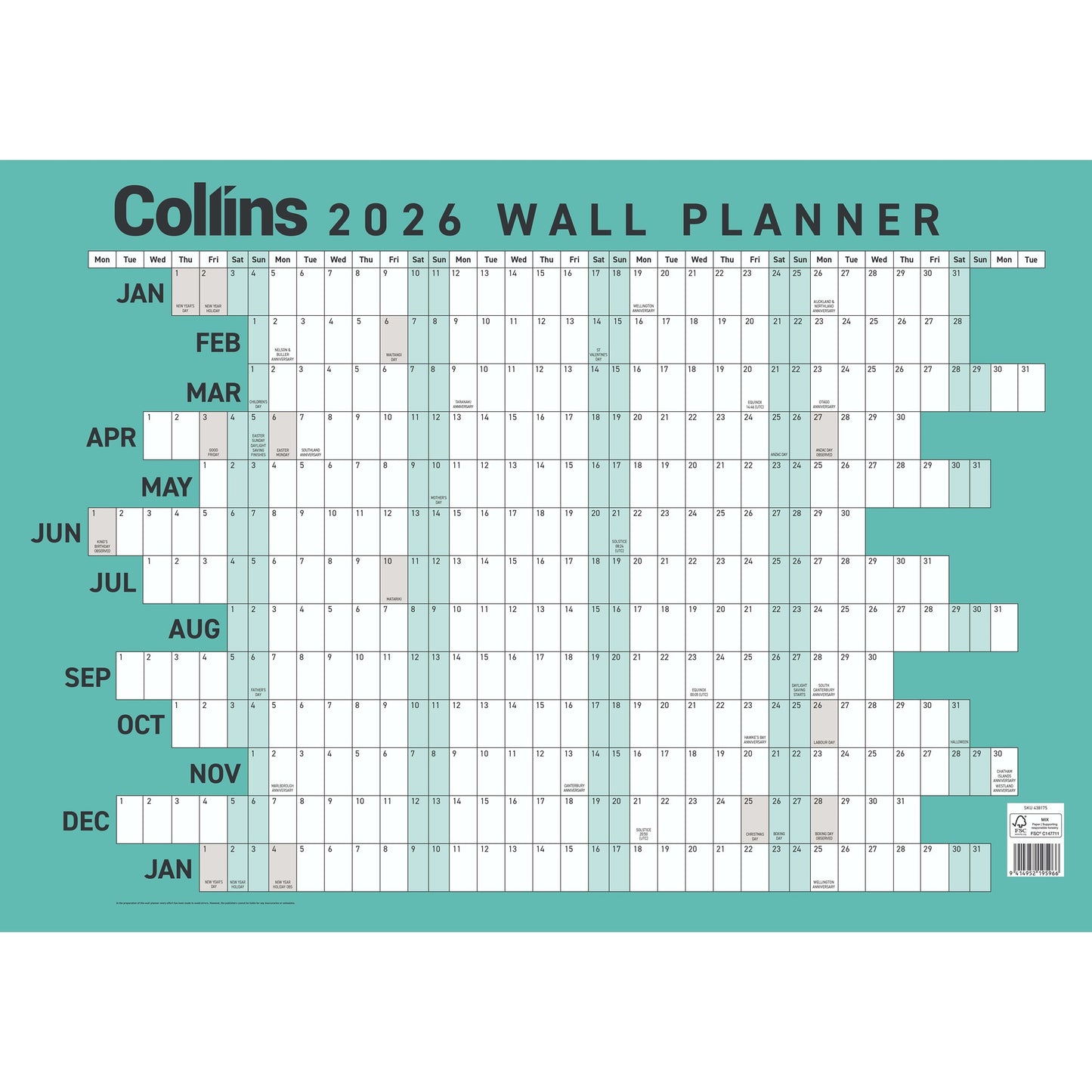 Collins 2026 Wallplanner Double Sided A2 / Unlaminated