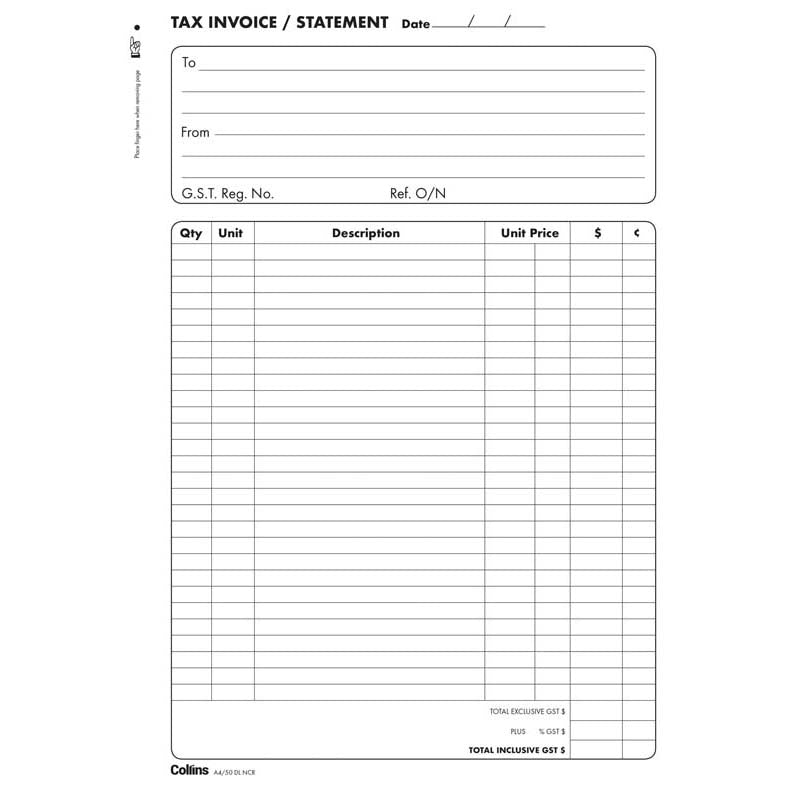 Collins Tax Invoice A4/50DL Duplicate No Carbon Required