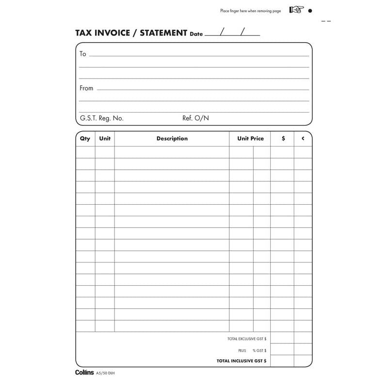 Collins Tax Invoice A5/50DLh Duplicate No Carbon Required top binding