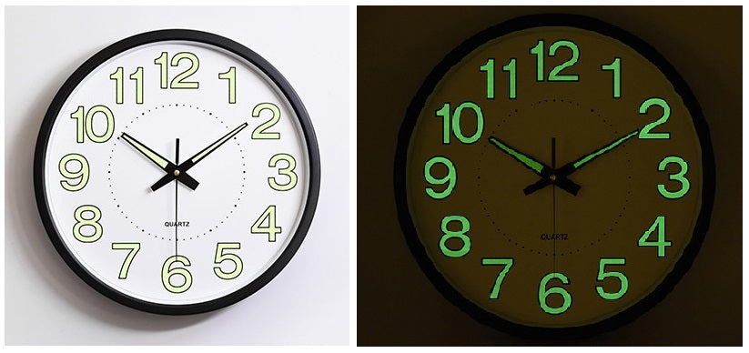 12’’ WALL CLOCK Black - Glow In The Dark - NO NOISE