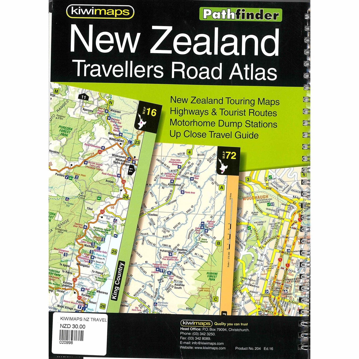 Kiwimaps Pathfinder NZ Travellers Road Atlas Map Spiral Bound Edition 16