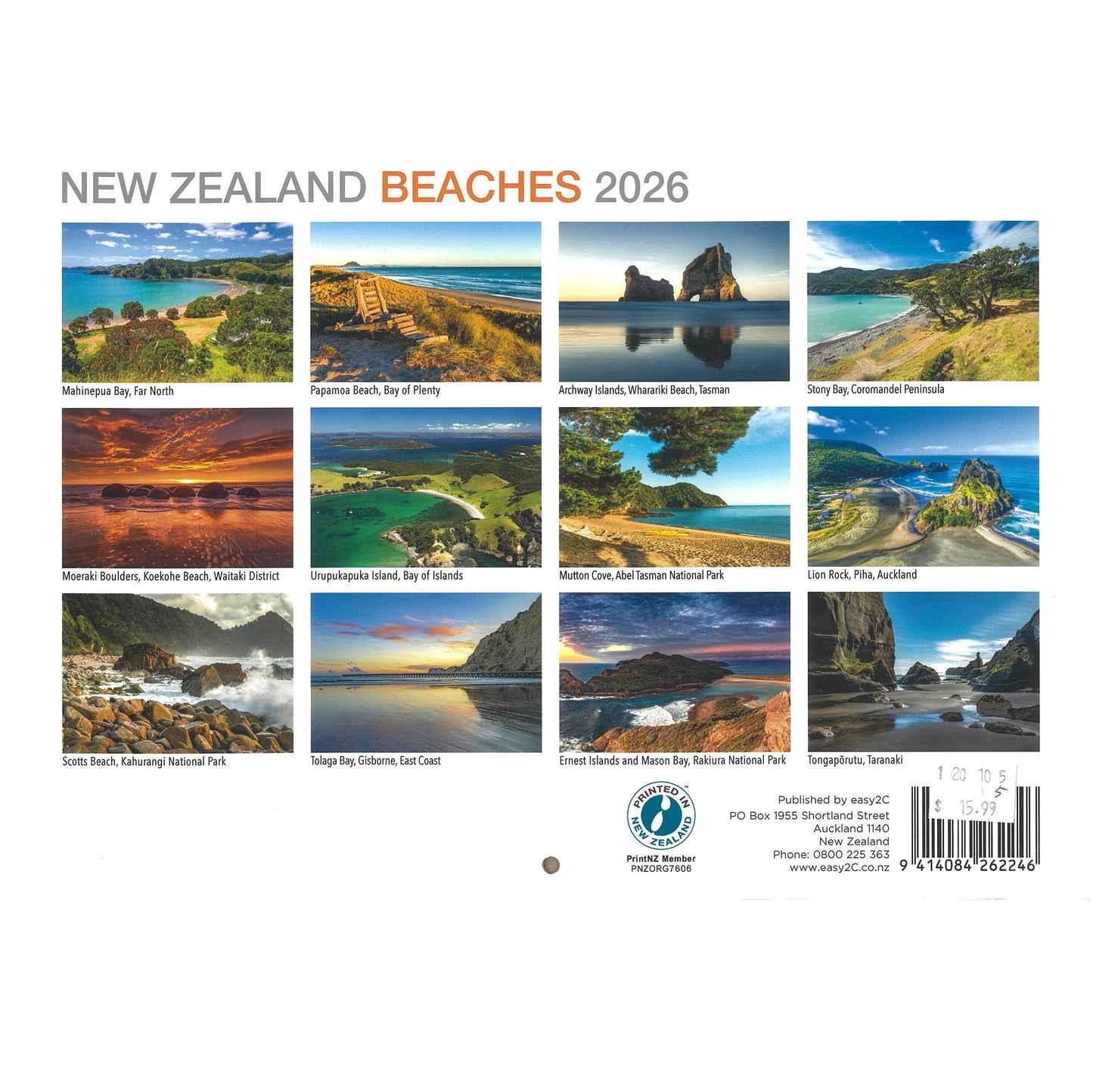 2026 Wall Calendar New Zealand Beaches
