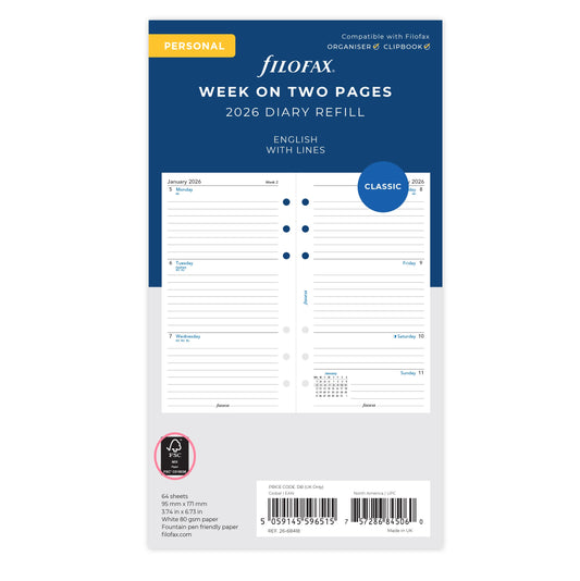 Filofax 2026 6 Ring Personal Weekly Dated Refill