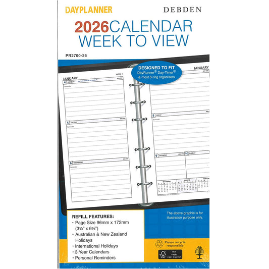 Debden 2026 6 Ring Personal Weekly Dated Refill