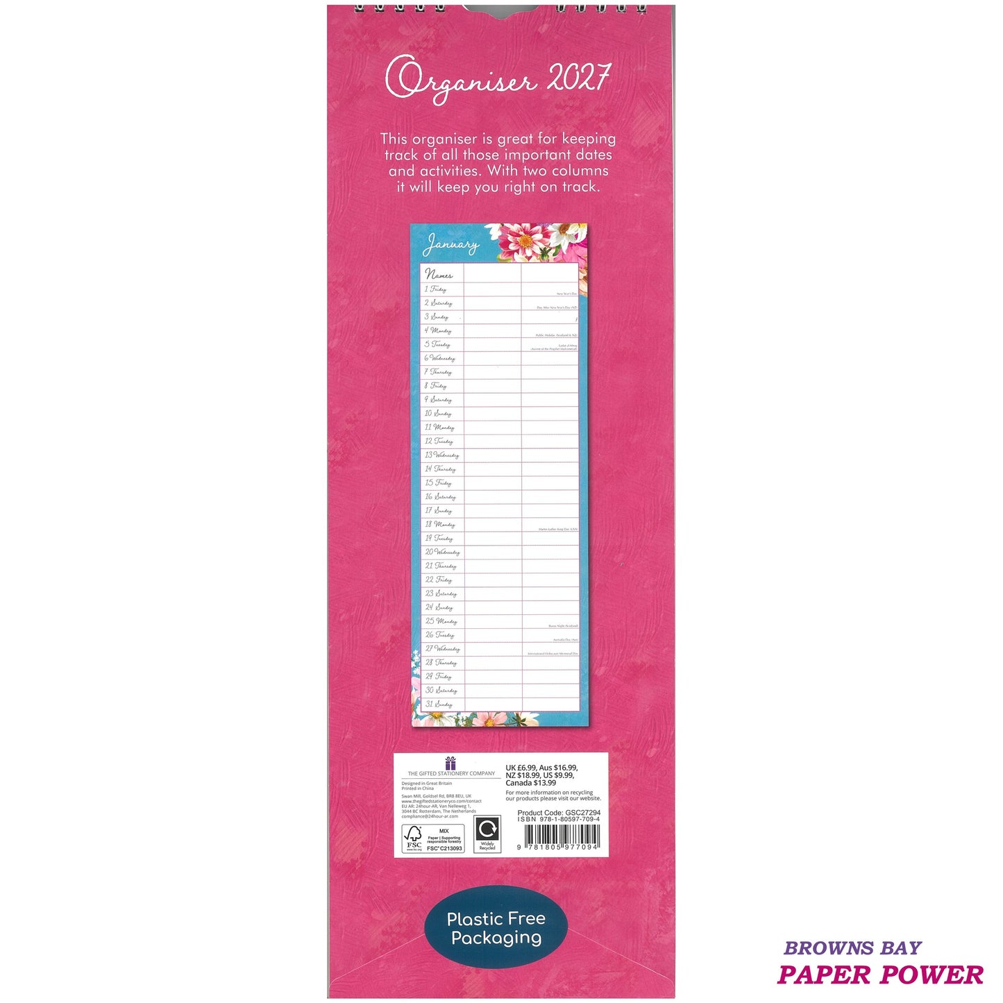 2027 Wall Slim Calendar Organises
